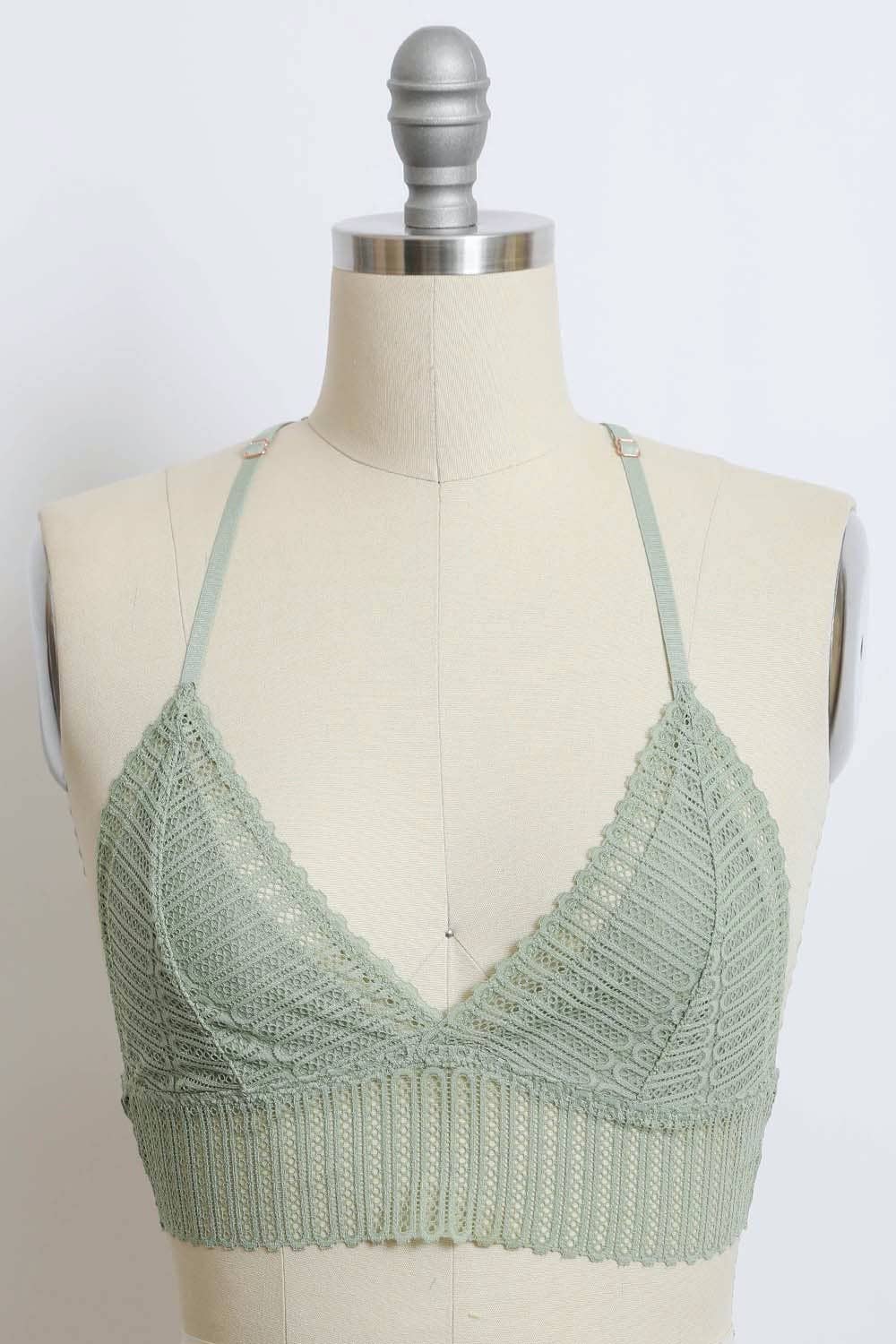 Ribbed Lace Boho Racerback Bralette: Sage YL-5549