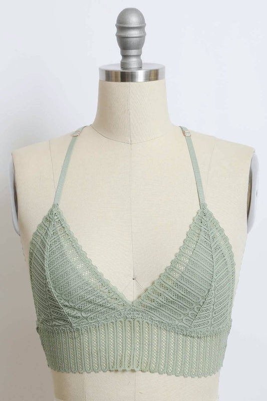 Ribbed Lace Boho Racerback Bralette: Sage YL-5549