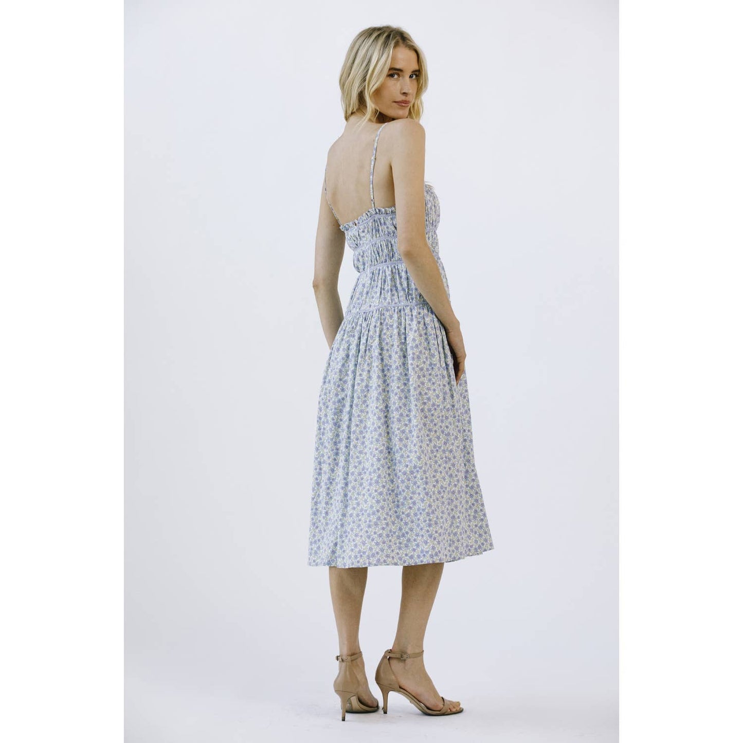 JD4560-1- FLORAL PRINT AND CONTRAST LINING MIDI DRESS: BLUE FLORAL