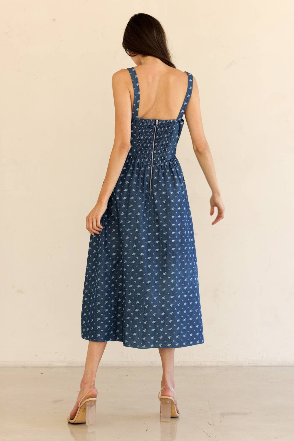 JD7676-DENIM FLORAL CORSET MIDI DRESS: DENIMFLORAL