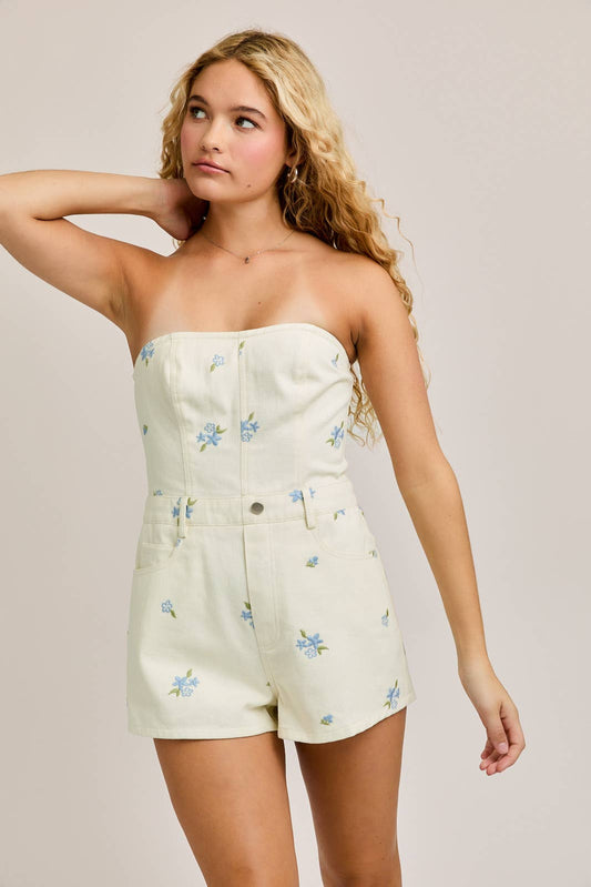 EMBROIDERED TUBE ROMPER: CREAM-BLUE FLORAL / SM2824