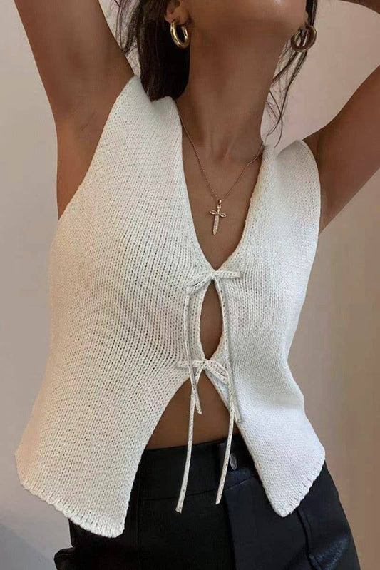 Stylish Sleeveless Lace-Up Knitted Vest: White / RCJW02216-White
