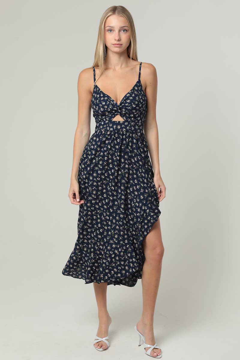 C4F25-WA92 V NECK TWIST FRONT CUT OUT SIDE SLIT RUFFLE MIDI