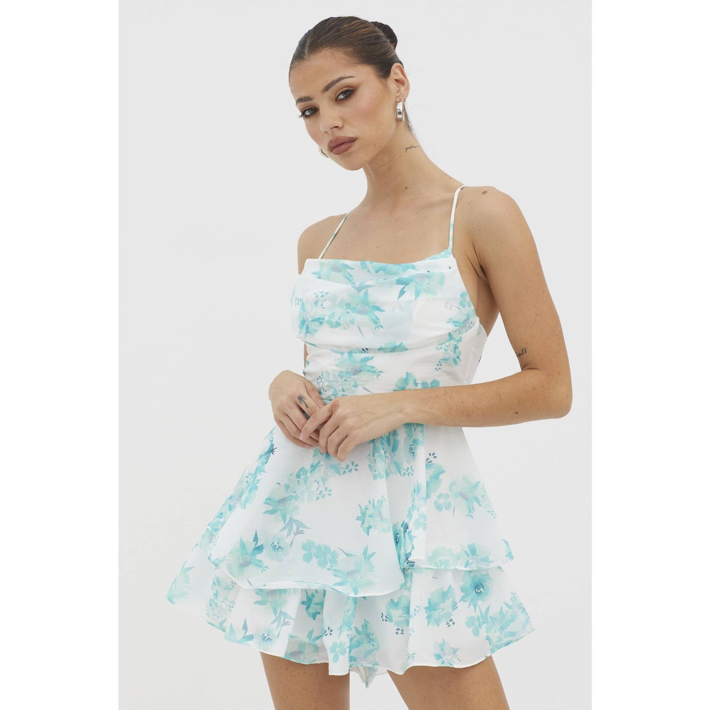 FLORAL PRINT COWL NECK TIERED SKIRT MINI DRESS: BLUE / 27595DM63-3