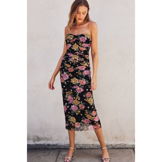 Floral Mesh Sweetheart Bodycon Maxi Dress: BLACK FD12061-P488