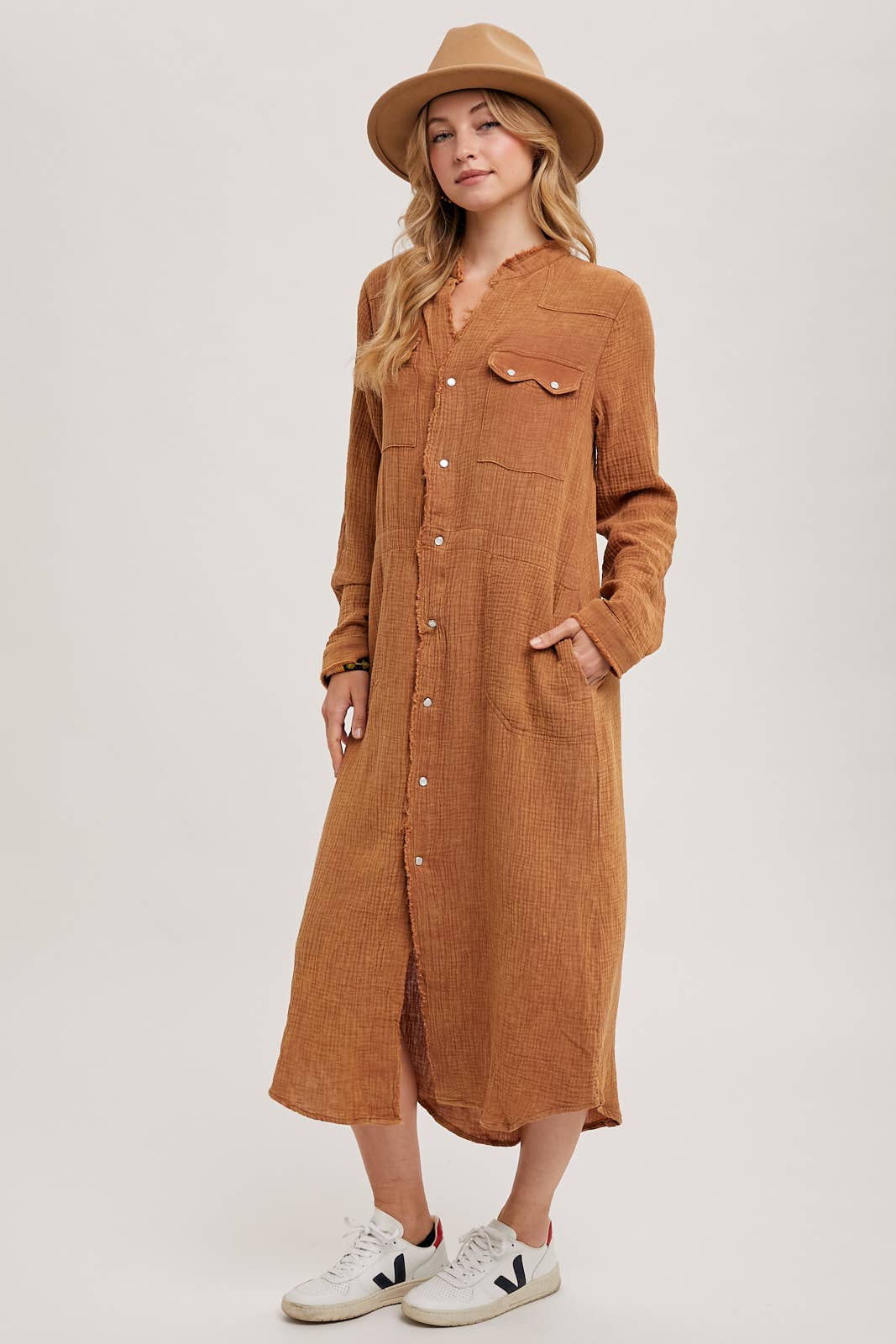 WASHED DENIM MIDI BUTTON DOWN SHIRT DRESS: ASH / D01666