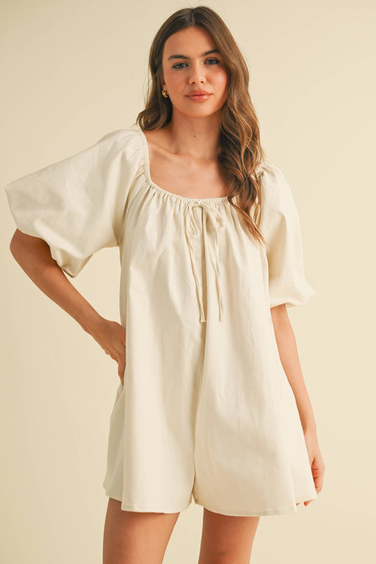 IR2196-A  PUFF SLEEVE RELAXED FIT BOXY DENIM ROMPER: CREAM