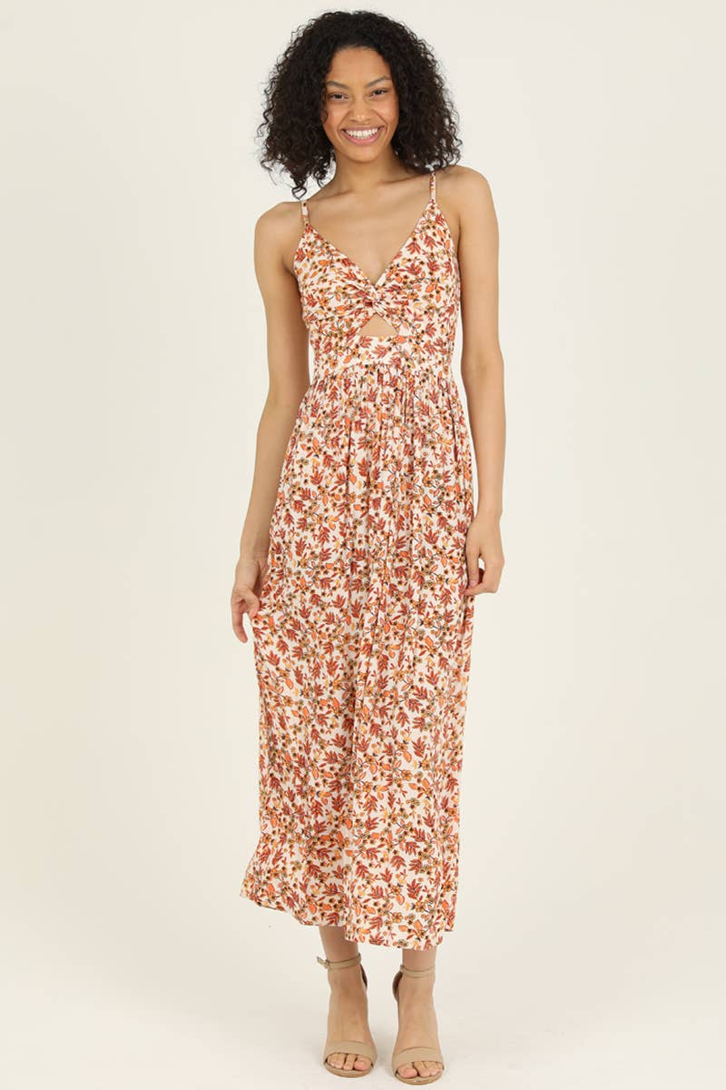 F4B48-FP57 V NECK TWIST FRONT CUT OUT MAXI DRESS