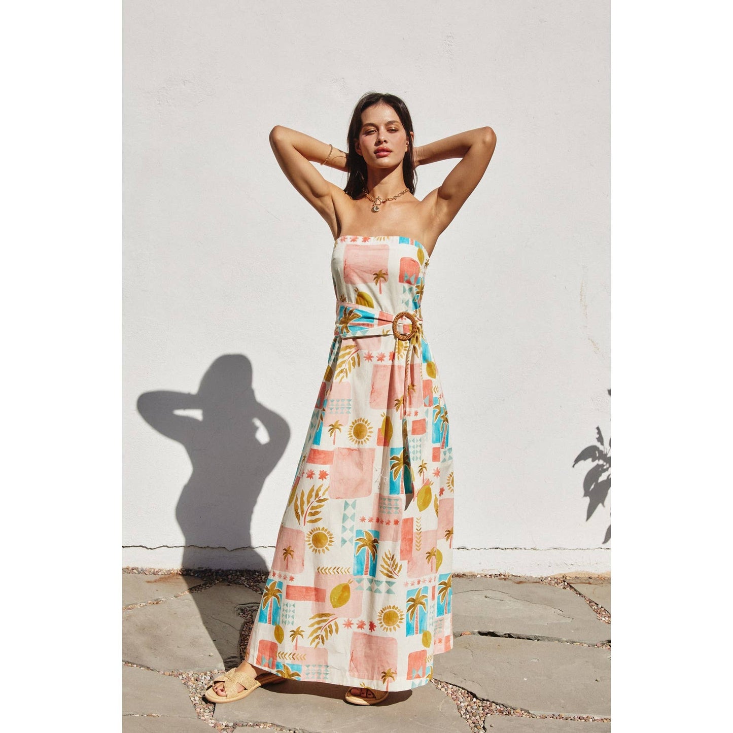 Moroccan Spring Rattan Belt Strapless Maxi Dress: AMALFI COAST / FD12672-P1900