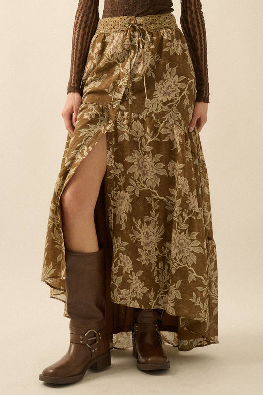 Floral Lace-Trimmed Tiered Button-Front Maxi Skirt: OLIVE BROWN / FSC0134