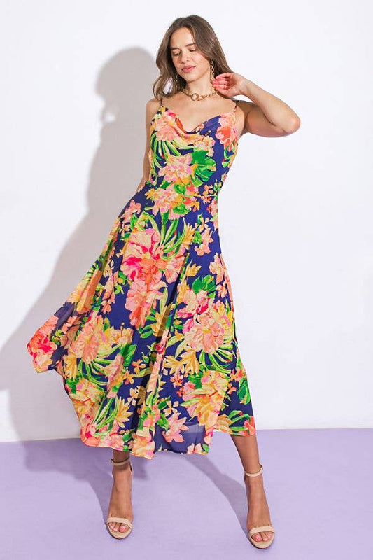 A printed woven midi dress - ID21223: NAVY