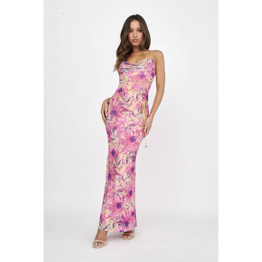 COWL NECK LACE FRONT DETAIL MAXI DRESS: PINK / ME0196DM09