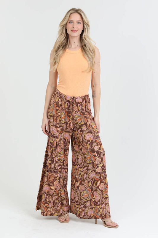 B3724-A936 TIE WAIST WIDE LEG PRINTED PANTS WITH LACE INSERT