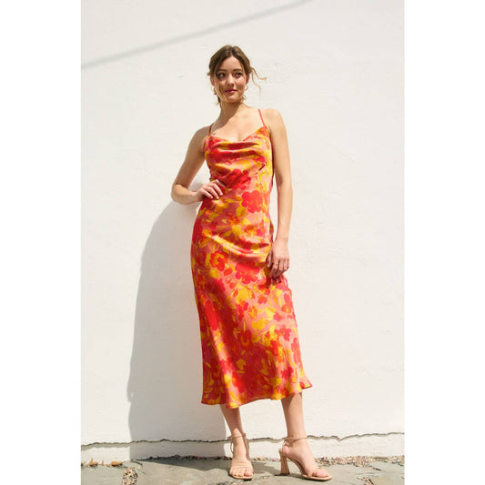 Sunset Petal Criss Cross Midi Dress: SUNSET GARDEN / FD11921-P2096