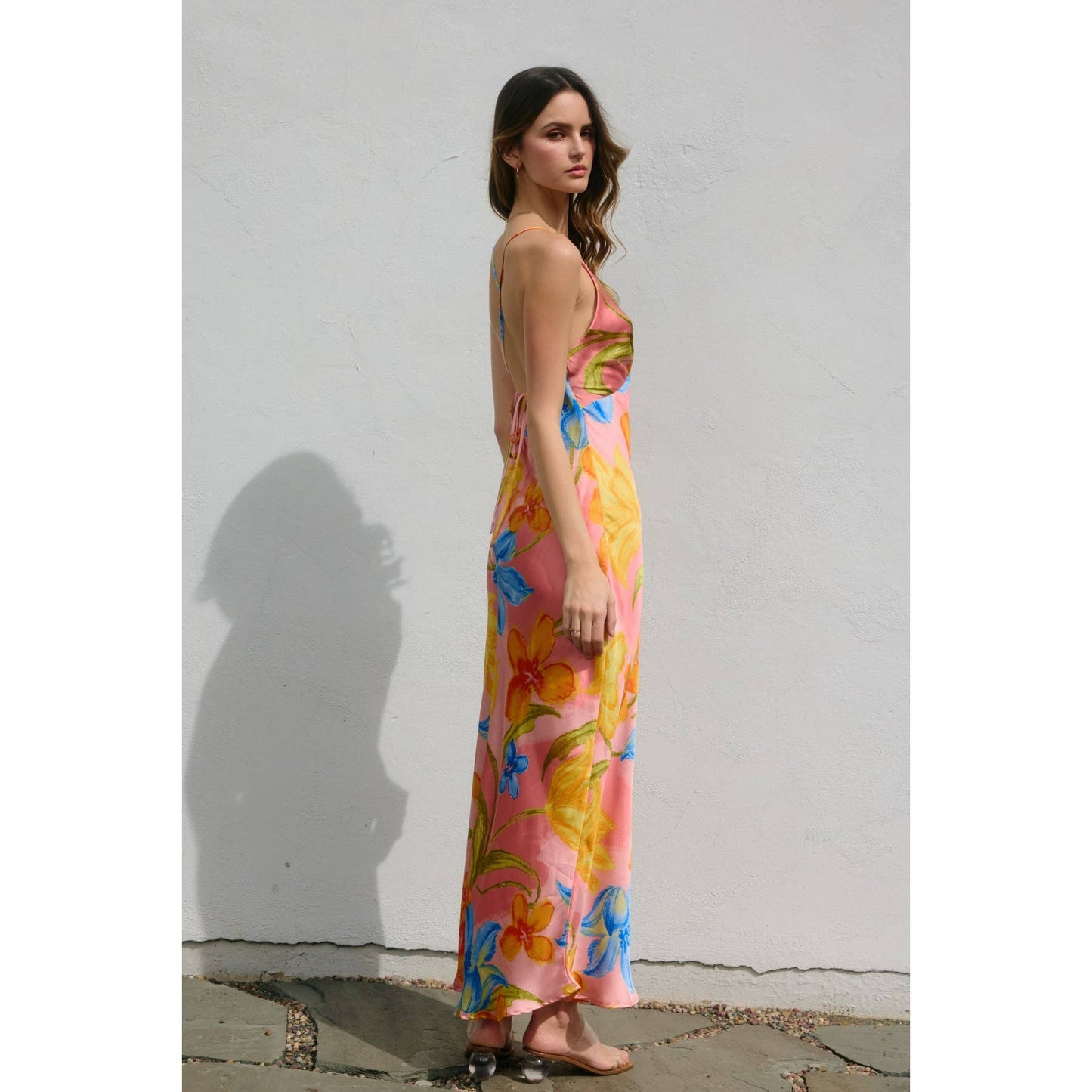 Blushing Blossom Chevron Seam Cross Back Maxi Dress: HONEYSUCKLE / FD12791-P2097_2