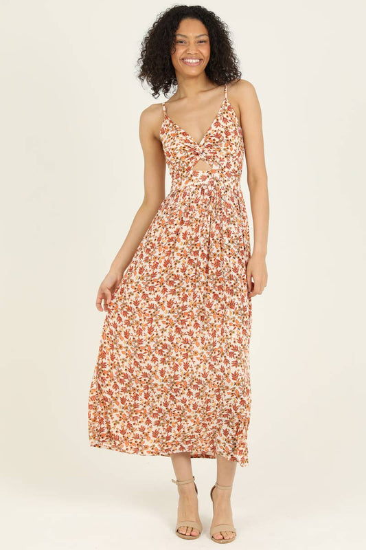 F4B48-FP57 V NECK TWIST FRONT CUT OUT MAXI DRESS