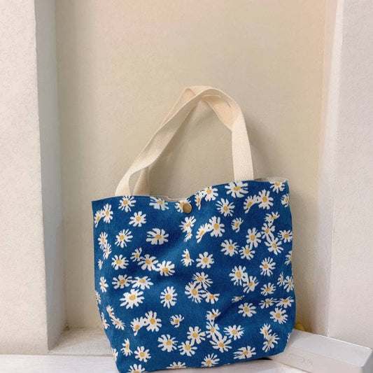 Vintage Artistic Floral Corduroy Small Tote: BLUE