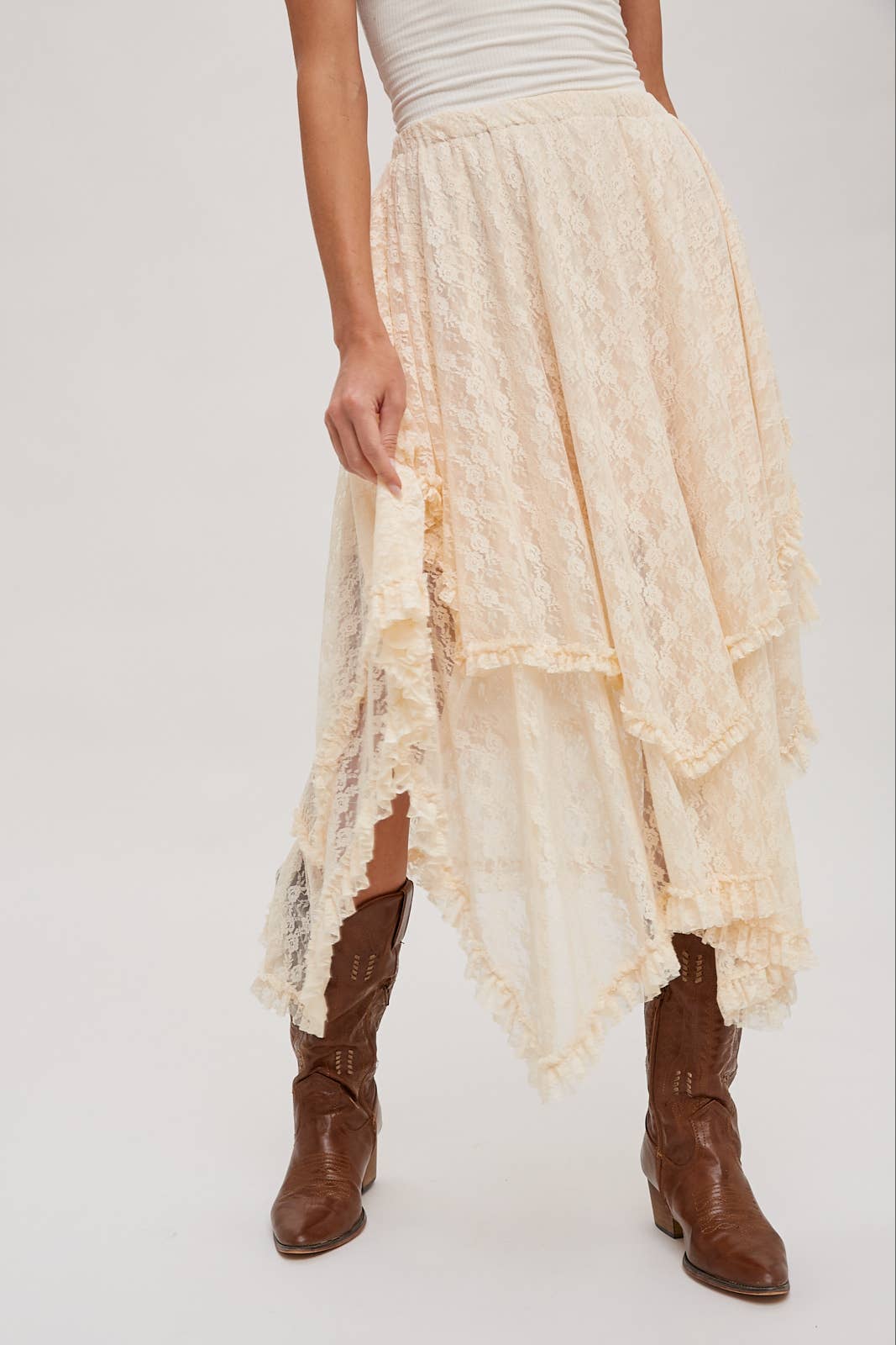 LACE TIER MIDI SKIRT: ECRU / B01619
