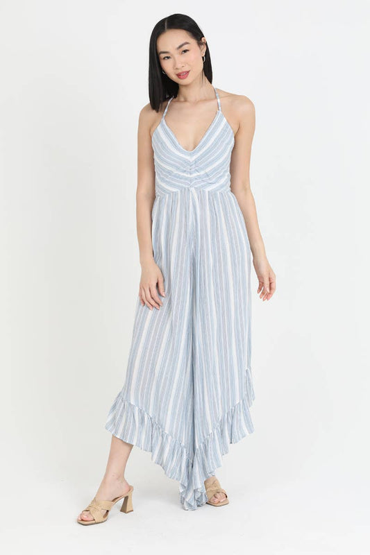 Q5X21-ML14 V NECK HALTER ANGLED HEM WIDE LEG JUMPSUIT