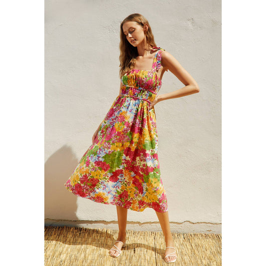 Bed of Flowers Shirred Fit And Flare Midi Dress: DAFFODIL GARDEN / FD11402-P1621_1