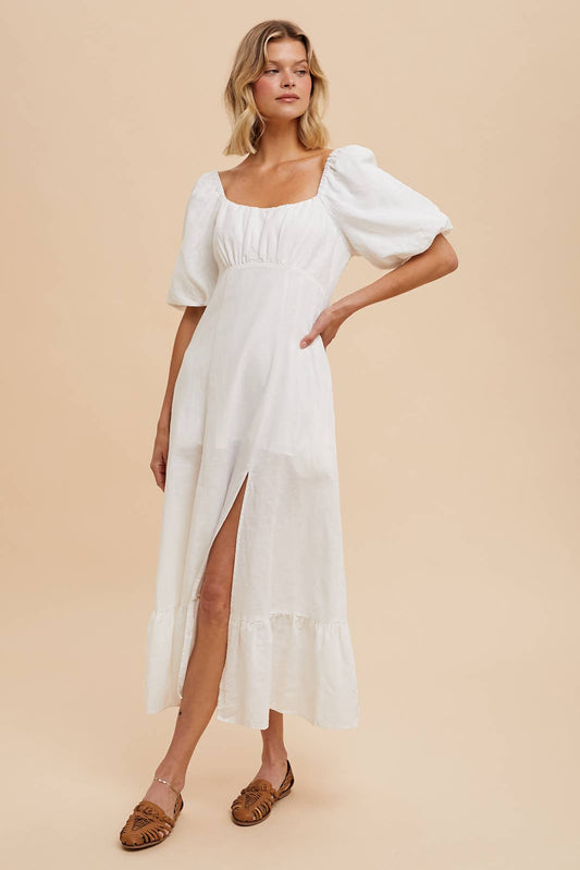 LINEN FIT AND FLARE EMPIRE DRESS: OFF-WHITE / ILD5689