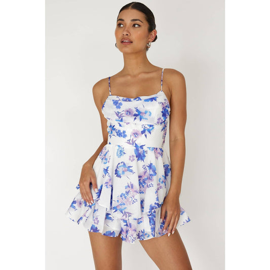 FLORAL PRINT COWL NECK TIERED SKIRT MINI DRESS: BLUE / 27595DM63-3