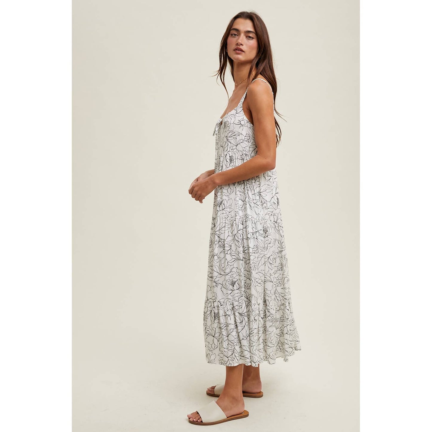 FLORAL SLEEVELESS MIDI DRESS / WL25-10148: WHITE/BLACK