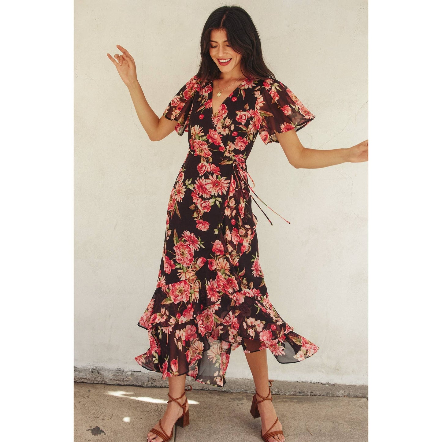 Dream Girl Double Ruffled Hem Wrap Dress: LILY FLORAL / FD10522-P1574_1