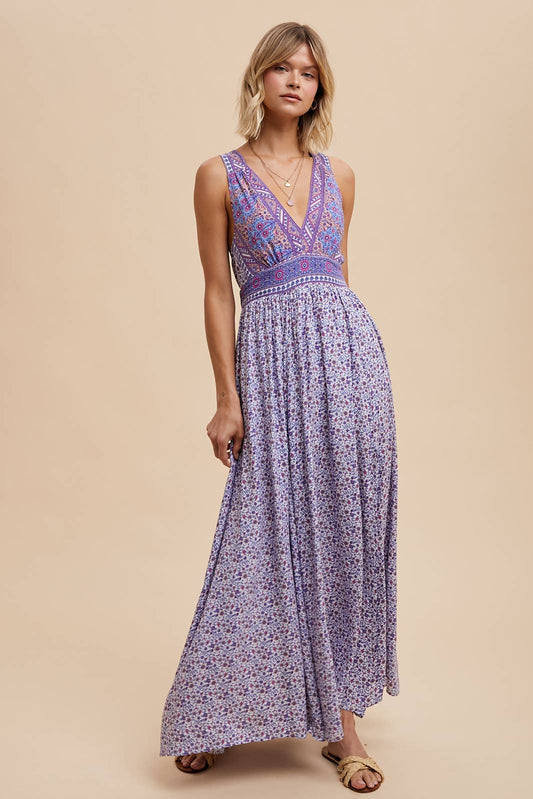 BORDER PRINT SLEEVELESS MAXI DRESS: DUSTY INDIGO / ILD5702