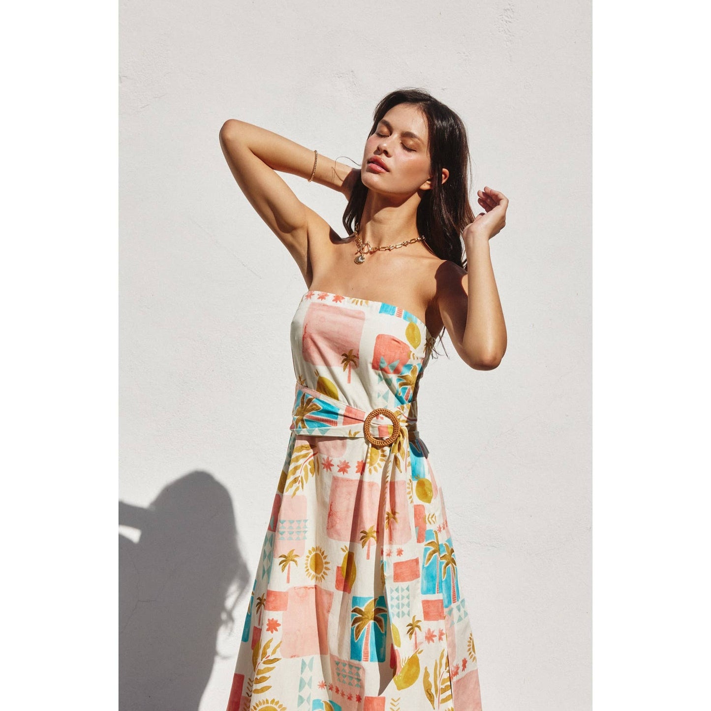 Moroccan Spring Rattan Belt Strapless Maxi Dress: AMALFI COAST / FD12672-P1900