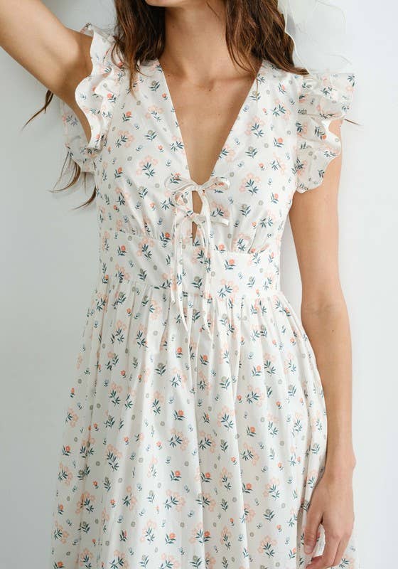Floral Tie Front Ruffle Fluted Sleeve Maxi Dress
: Cream SD2260RESTOCK