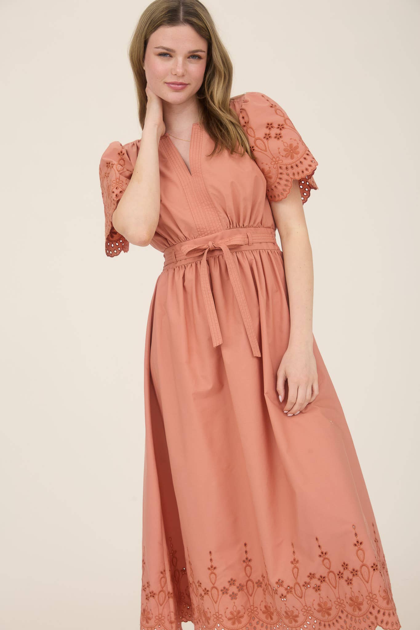 EMBROIDERY EYELET DETAIL BELTED MIDI CR2569 : CHAMPAGNE