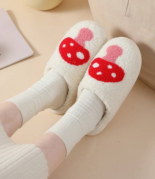 SOFT PLUSH MUSHROOM HEART RAINBOW WARM SLIPPERS | 40SP014: FLOWER PEACH / Large