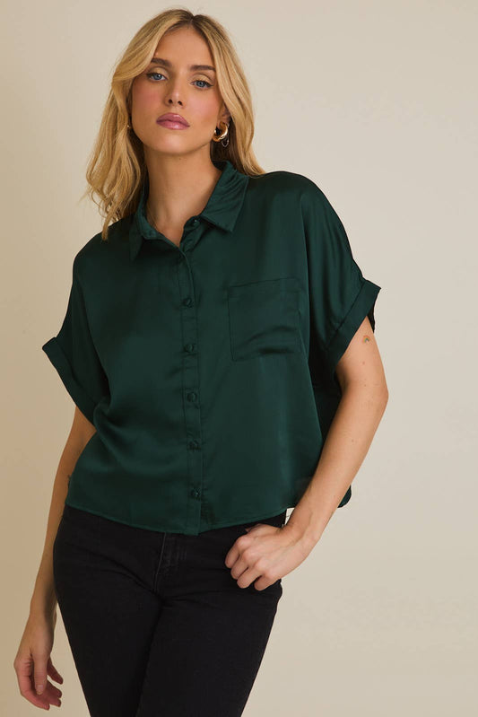 SATIN BOXY BUTTON DOWN BLOUSE: Hunter Green / JT2060