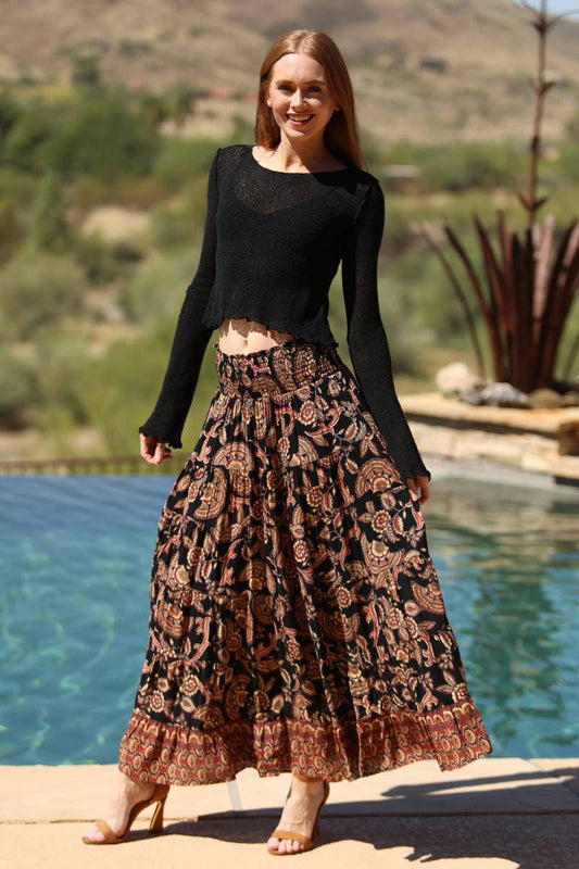 26P57-A889 TIERED PRINTED A LINE MAXI SKIRT