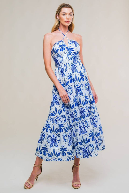 A printed woven midi dress - ID21346: WHITE BLUE