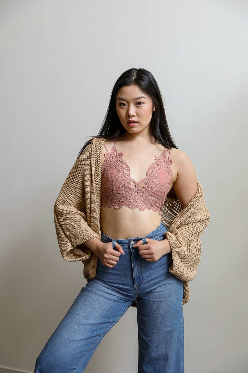 Padded Crochet Lace Longline Bralette - YL-5448WB-BLACK