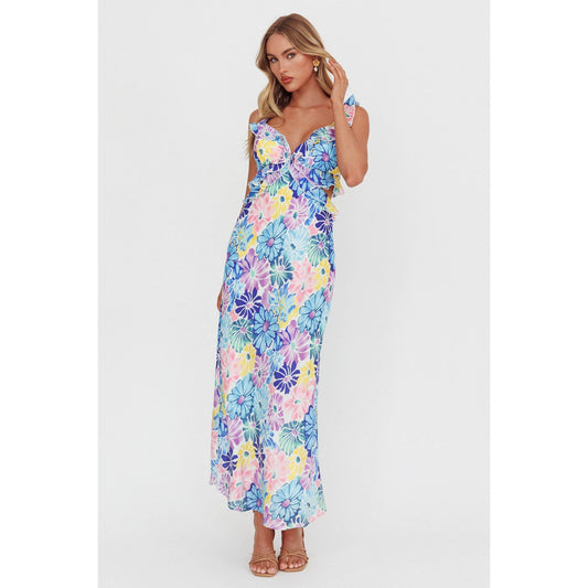 COLORFUL FLORAL CHIFFON MAXI DRESS: BLUE / CM4077DM08