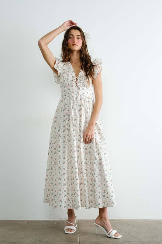Floral Tie Front Ruffle Fluted Sleeve Maxi Dress
: Cream SD2260RESTOCK