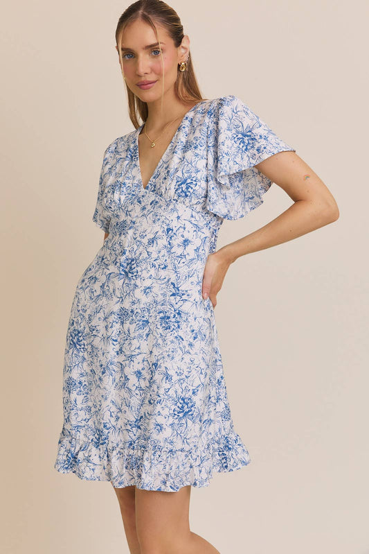 V-NECK RUFFLE SHORT SLEEVE BACK TIE FLORAL PRINT DRESS: CREAM-BLUE FLORAL / AD6040