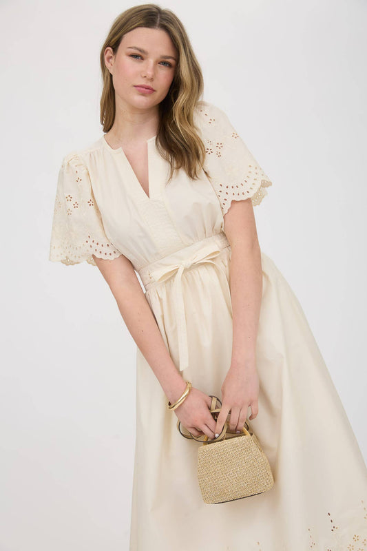 EMBROIDERY EYELET DETAIL BELTED MIDI CR2569 : CHAMPAGNE