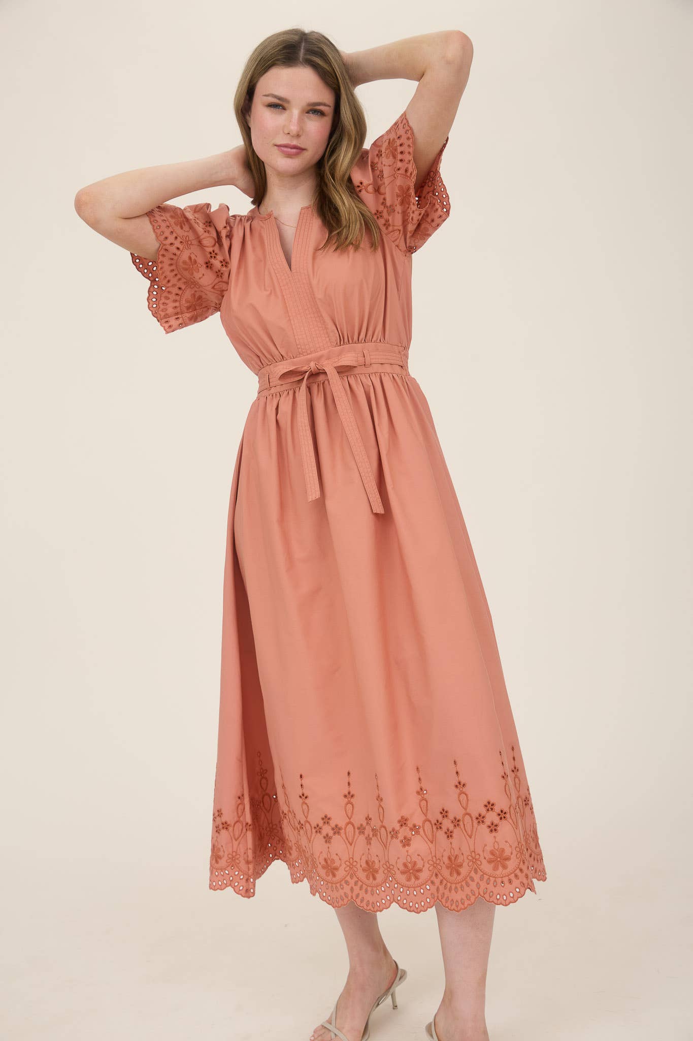 EMBROIDERY EYELET DETAIL BELTED MIDI CR2569 : CHAMPAGNE