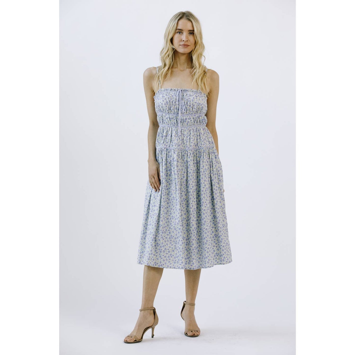 JD4560-1- FLORAL PRINT AND CONTRAST LINING MIDI DRESS: BLUE FLORAL