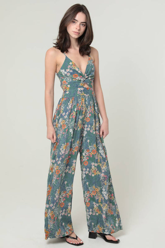 B5A42-A625 FLORAL PRINT V NECK TWIST FRONT JUMPSUIT WITH POC