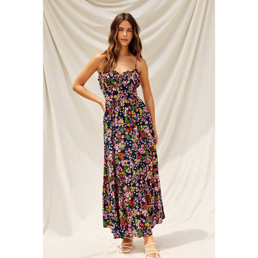 Full Bloom Corset Tie Back Dress: MIDNIGHT DAISY / FD9332-P1478