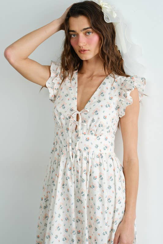 Floral Tie Front Ruffle Fluted Sleeve Maxi Dress
: Cream SD2260RESTOCK