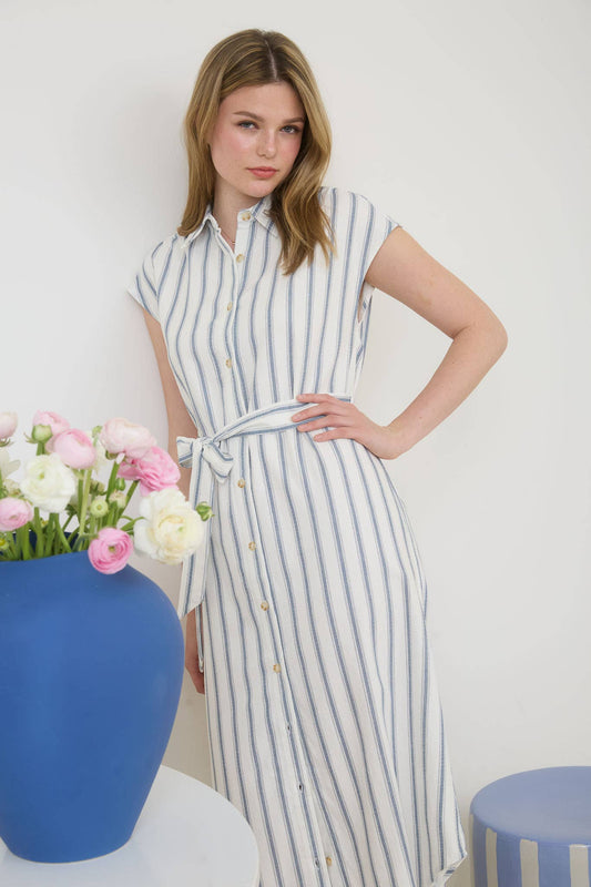 STRIPE COLLARED BUTTON DOWN BELT TIE SHIRT TB8804 : DENIM BLUE