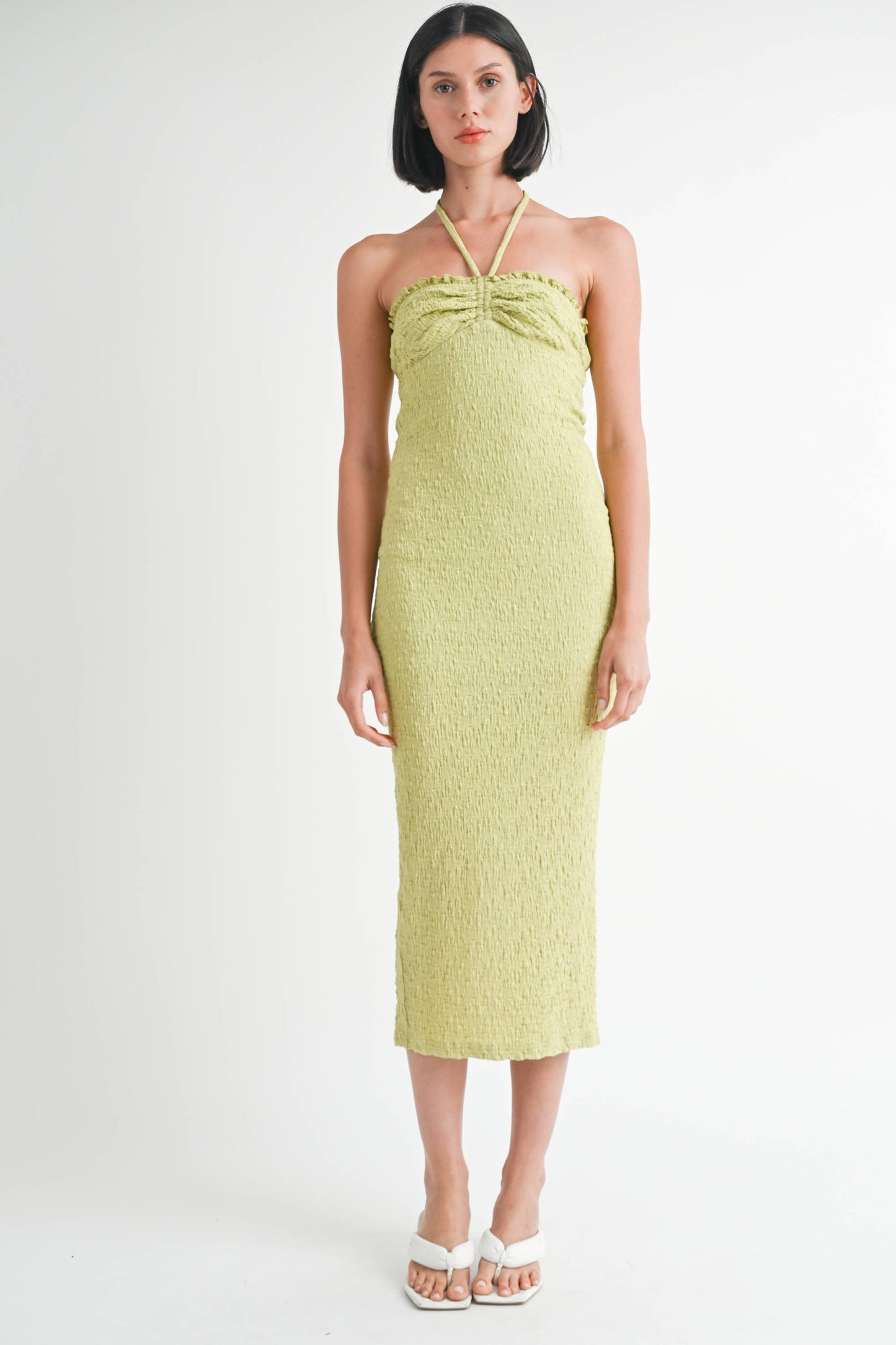 MIDI HALTER NECK OPEN BACK DRESS: MELON / IPK2062D