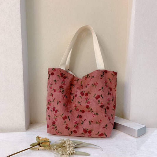 Vintage Artistic Floral Corduroy Small Tote: ROSE