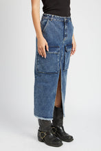 Load image into Gallery viewer, DENIM CARGO SKIRT WITH FRONT SLIT: DENIM BLUE
